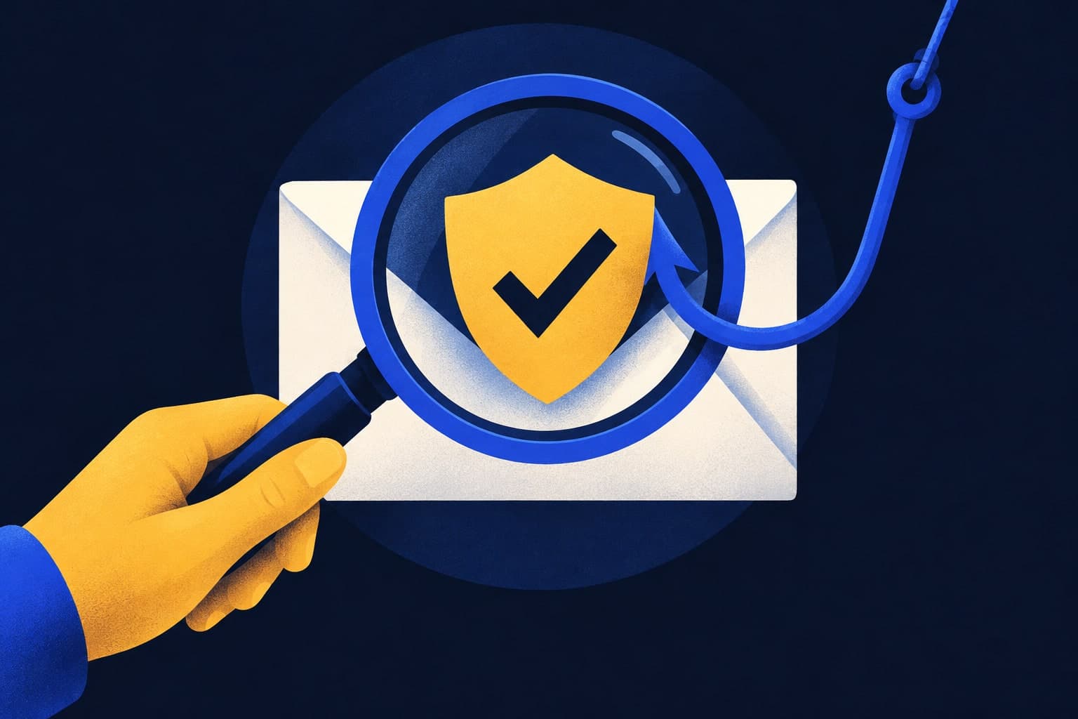 A magnifying glass and a yellow verification shield protecting a job-offer envelope from a fishing hook.