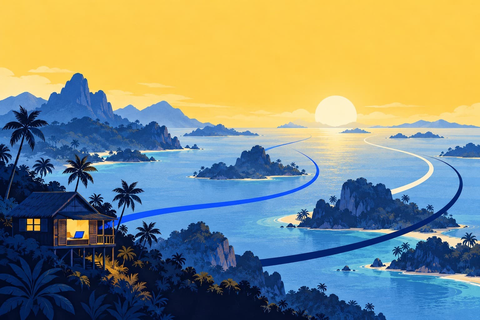 A stilt house with a laptop glowing in its window above a sunlit archipelago, with ribbons arcing across the sea toward the horizon.