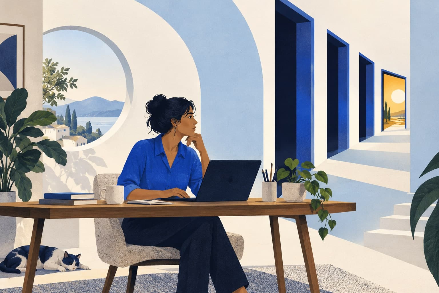 A remote worker at a home desk beside a series of doorways leading toward a sunlit opportunity.