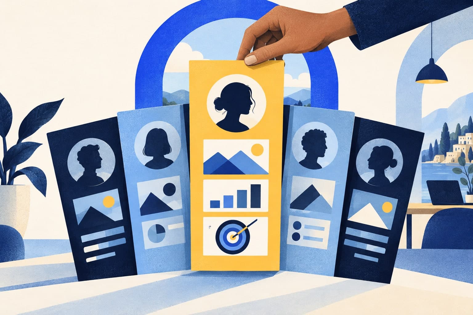 A hand lifting a yellow portfolio of work above a row of blue applications.
